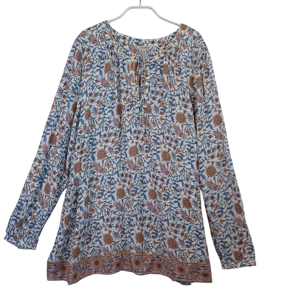 Lucky Brand Top Floral‎ Border Print Blouse Blue Brown Gold Trim Womens Plus 2X